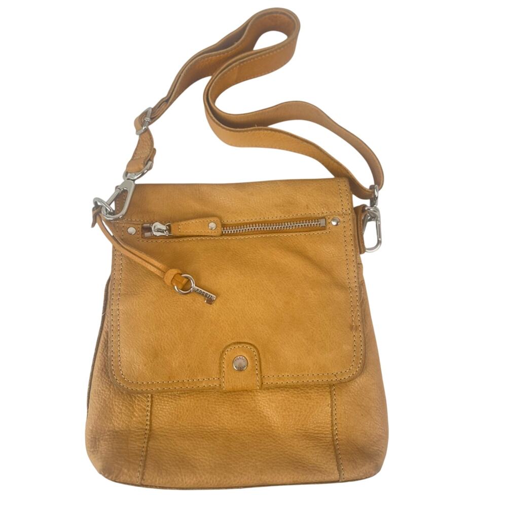 Fossil Leather Crossbody Bag Golden Tan Pebbled Adjustable Boho Spring Casual